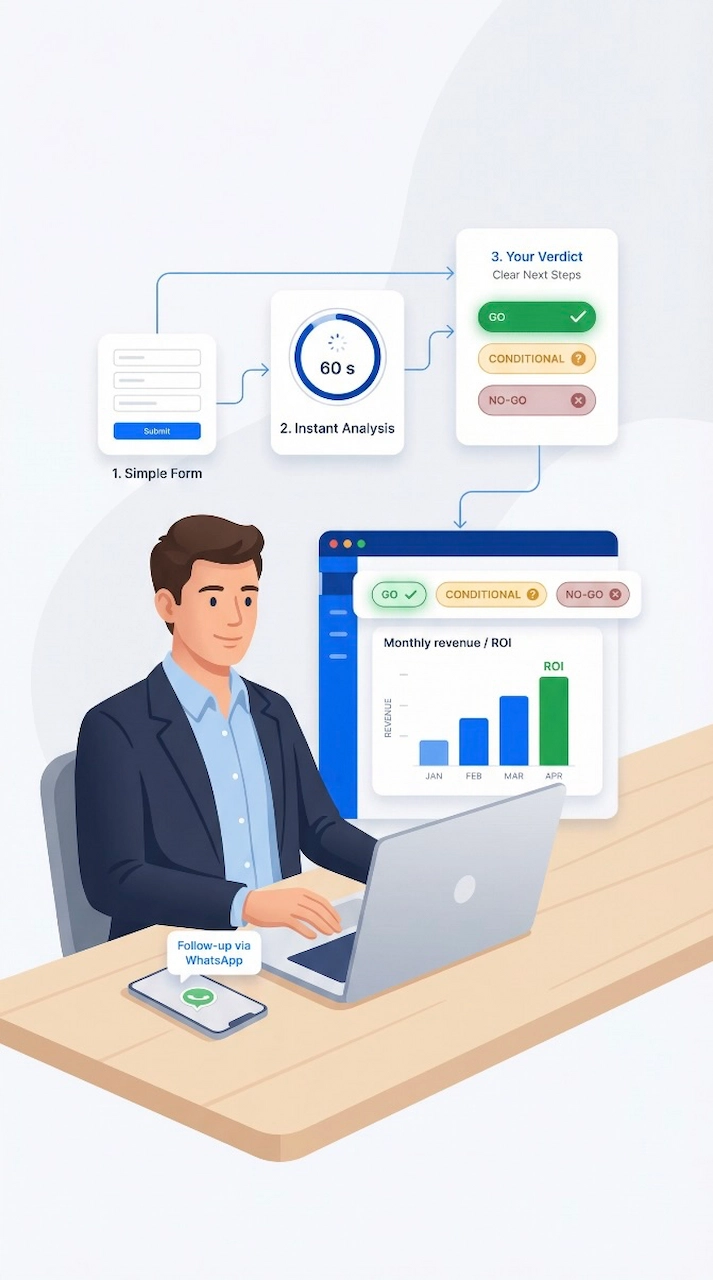 Vista previa del panel de diagnóstico rápido de OVIQA con formulario sencillo, veredicto GO / CONDITIONAL / NO-GO y estimación orientativa de rentabilidad